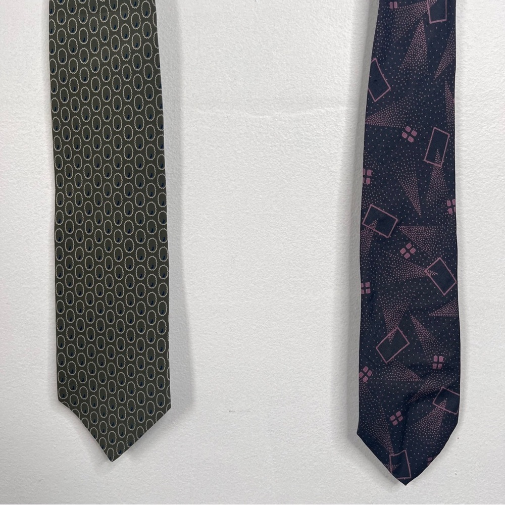 Bundle (2) Armani Silk Ties Patterned Sage Green and Geometric Patterned Purple